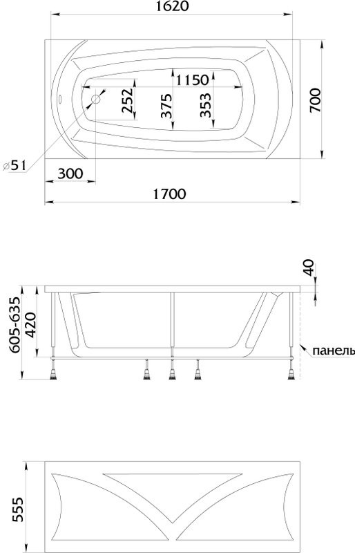 Акриловая ванна 1MarKa Elegance Премиум 170x70 см, пристенная, белая, с каркасом, с экраном, со сливом-переливом