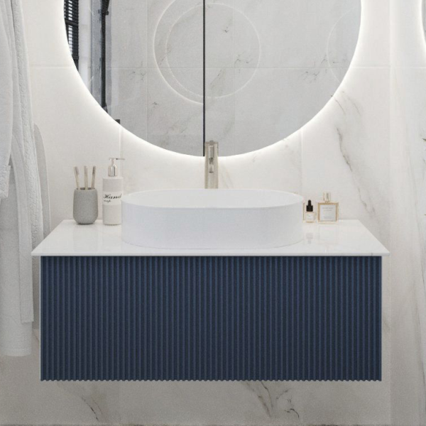 Тумба под раковину со столешницей La Fenice Terra 80 подвесная, синяя, столешница белый мрамор