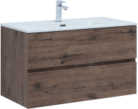 Тумба с раковиной Aquanet Алвита New 90 подвесная, дуб веллингтон табак, 2 ящика