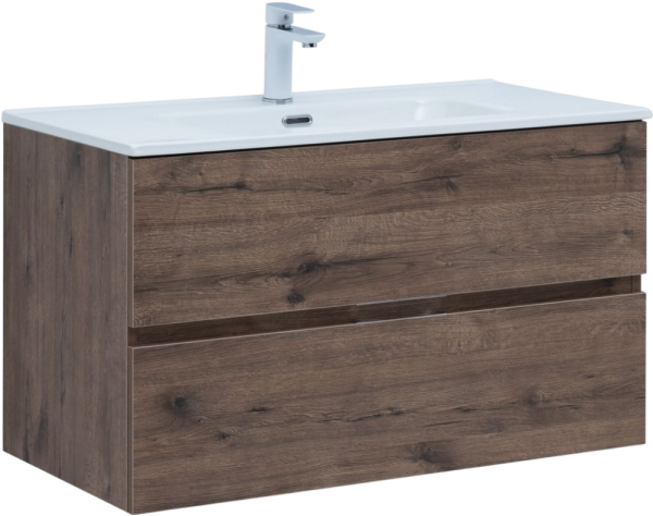 Тумба с раковиной Aquanet Алвита New 90 подвесная, дуб веллингтон табак, 2 ящика