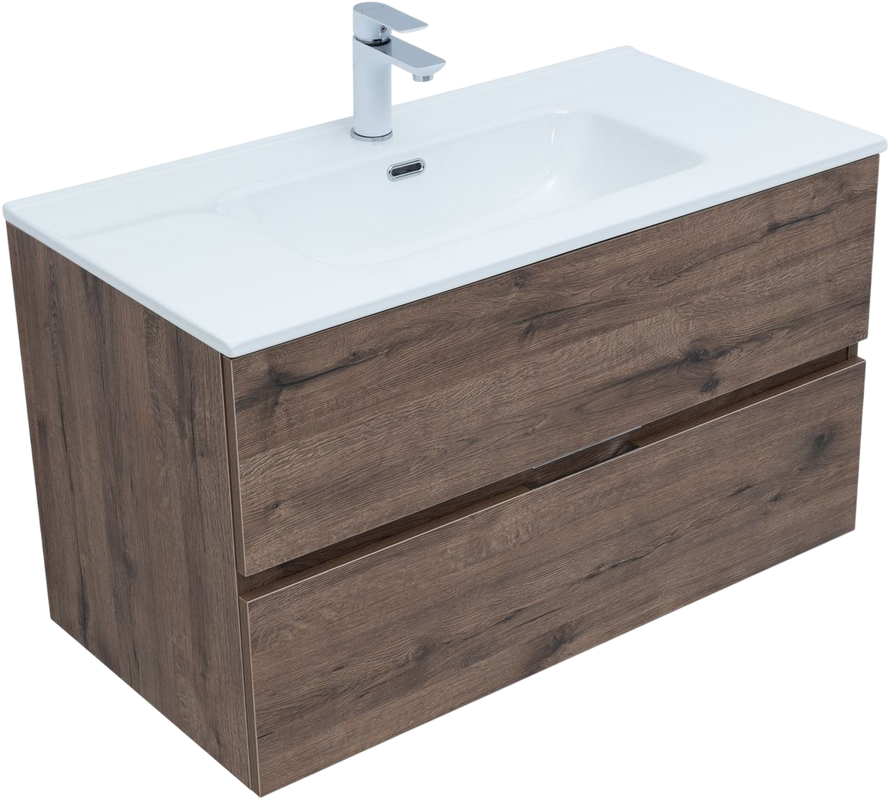 Тумба с раковиной Aquanet Алвита New 90 подвесная, дуб веллингтон табак, 2 ящика