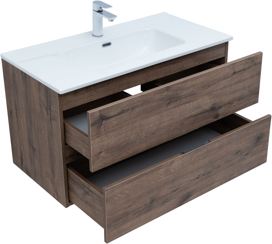 Тумба с раковиной Aquanet Алвита New 90 подвесная, дуб веллингтон табак, 2 ящика