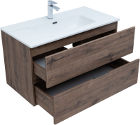 Тумба с раковиной Aquanet Алвита New 90 подвесная, дуб веллингтон табак, 2 ящика
