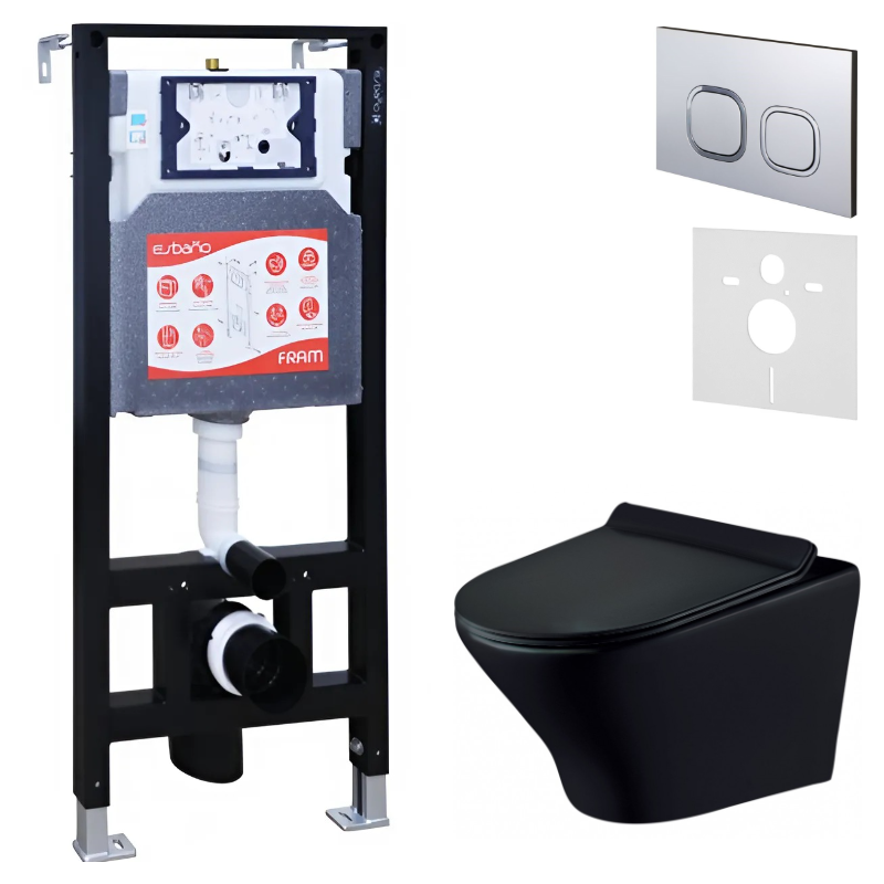 Комплект Унитаз подвесной Esbano Aster ESUPASTEBM матовый черный + Инсталляция Fram + Кнопка ESINLPS10MC