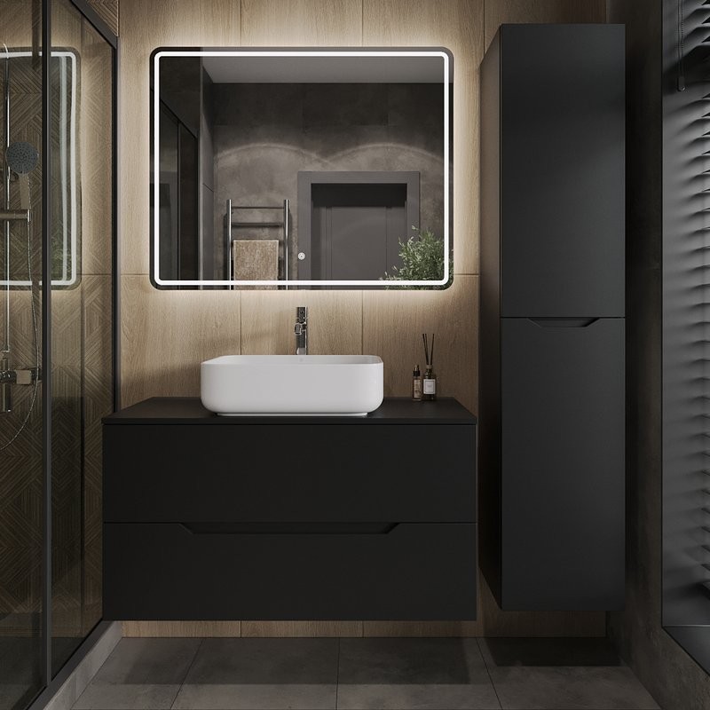 Мебель для ванной комнаты Orange Line 100 подвесная, 2 ящика, матовая черная с раковиной B05-520W
