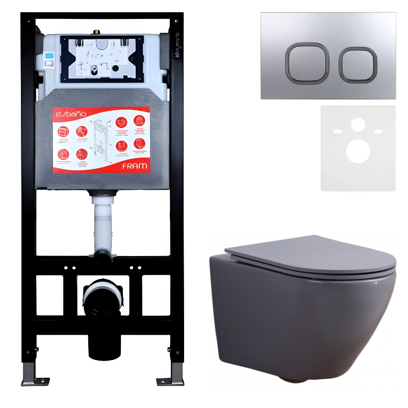 Комплект 3 в 1 Унитаз подвесной Esbano Azalea ESUPAZALGM + Инсталляция Fram + Кнопка ESINLPS10MC цвет матовый хром