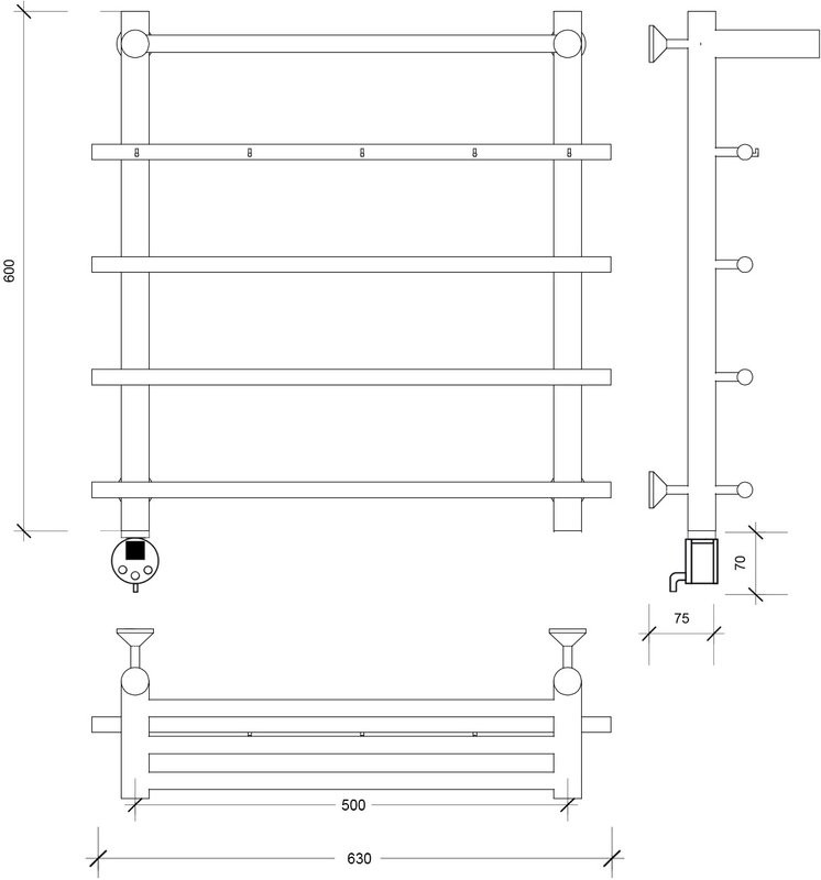 Полотенцесушитель электрический Secado Турин 1 КСП 60x55 см, подключение слева, матовый черный, лесенка, с полкой
