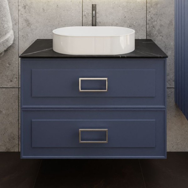 Тумба под раковину со столешницей La Fenice Cubo Twin 90 подвесная, синяя, столешница черный мрамор, ручка белая