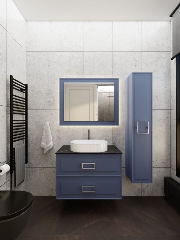 Тумба под раковину со столешницей La Fenice Cubo Twin 90 подвесная, синяя, столешница черный мрамор, ручка белая