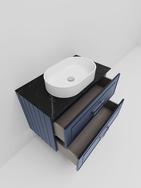 Тумба под раковину со столешницей La Fenice Cubo Twin 90 подвесная, синяя, столешница черный мрамор, ручка белая