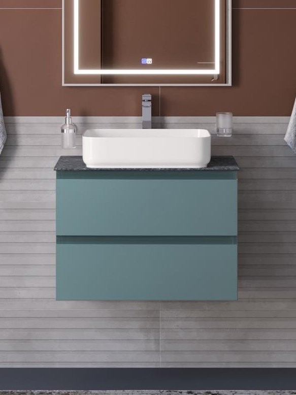 Тумба с раковиной BelBagno Kraft 70 подвесная, матовая голубая, столешница kep-70-grn, раковина BB1304