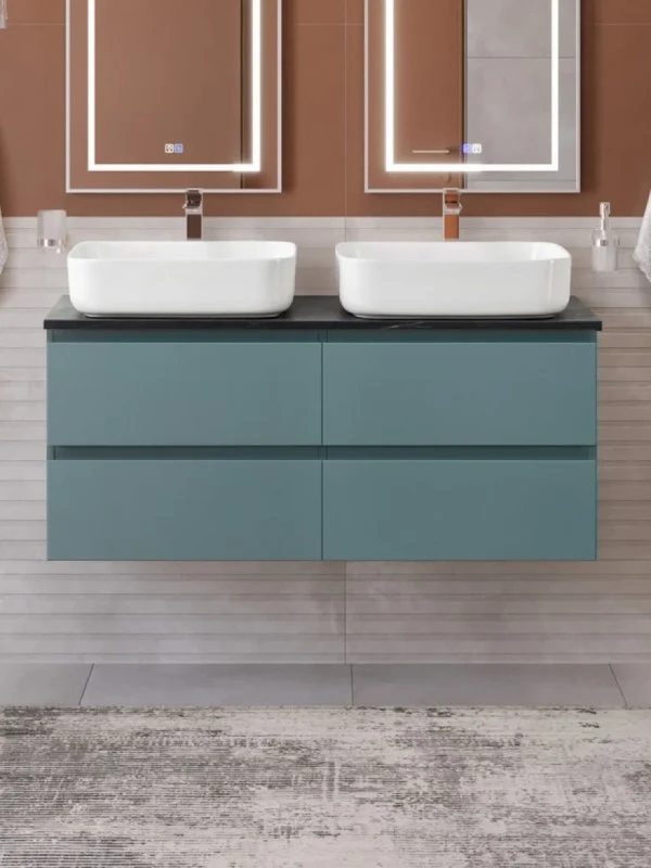 Тумба с раковиной BelBagno Kraft 120 подвесная, матовая голубая, столешница kep-120-2-mno, раковина BB1304, для двоих