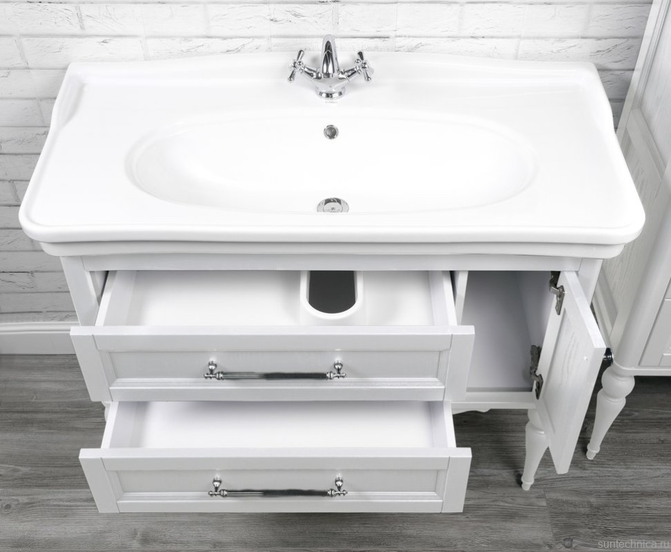 Мебель для ванной комнаты ValenHouse Эстетика 105 АС 100, белая, подвесная, ручки хром, раковина Модерн