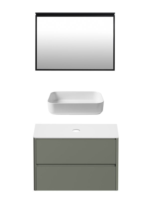 Мебель для ванной комнаты Allen Brau Gravity 100 2 ящика, матовая олива, столешница белая, раковина Fantasy Quad 50, белая