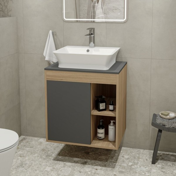 Тумба с раковиной Teymi Nura 60 дуб эврика, матовый графит, раковина Aina 49