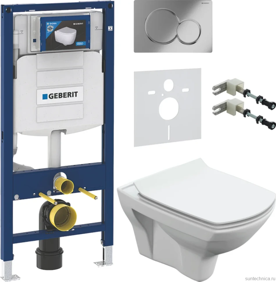 Комплект Унитаз подвесной Cersanit Carina XL Clean On DPL EO slim + Крепления Geberit Duofix 111.815.00.1 к стене + Звукоизоляция + Инсталляция UP 320 111.300.00.5 + Кнопка Sigma 01 115.770.21.5 хром