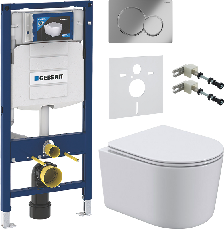 Комплект Унитаз подвесной Art&Max Bolzano AM001CHR/SC с микролифтом, белый + Крепления Geberit Duofix 111.815.00.1 к стене + Звукоизоляция + Инсталляция UP 320 111.300.00.5 + Кнопка Sigma 01 115.770.21.5 хром