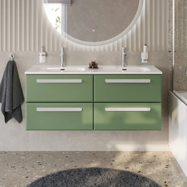 Тумба с раковиной Cezares Eco Cer-N 120 4 ящика, фисташковый софт, раковина Duet 120, двойная, ручки сатин
