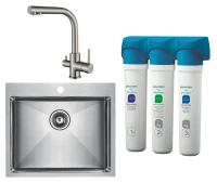 Комплект Мойка кухонная Paulmark Velten PM805951-BS брашированная нержавеющая сталь + Смеситель Essen Es213011-NI никель + Фильтр Refine System