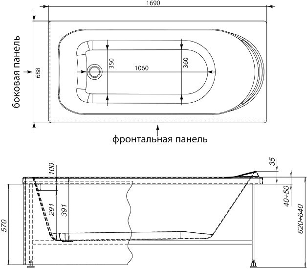 Акриловая ванна Aquanet Nord 170x70 см, пристенная, белая, на ножках