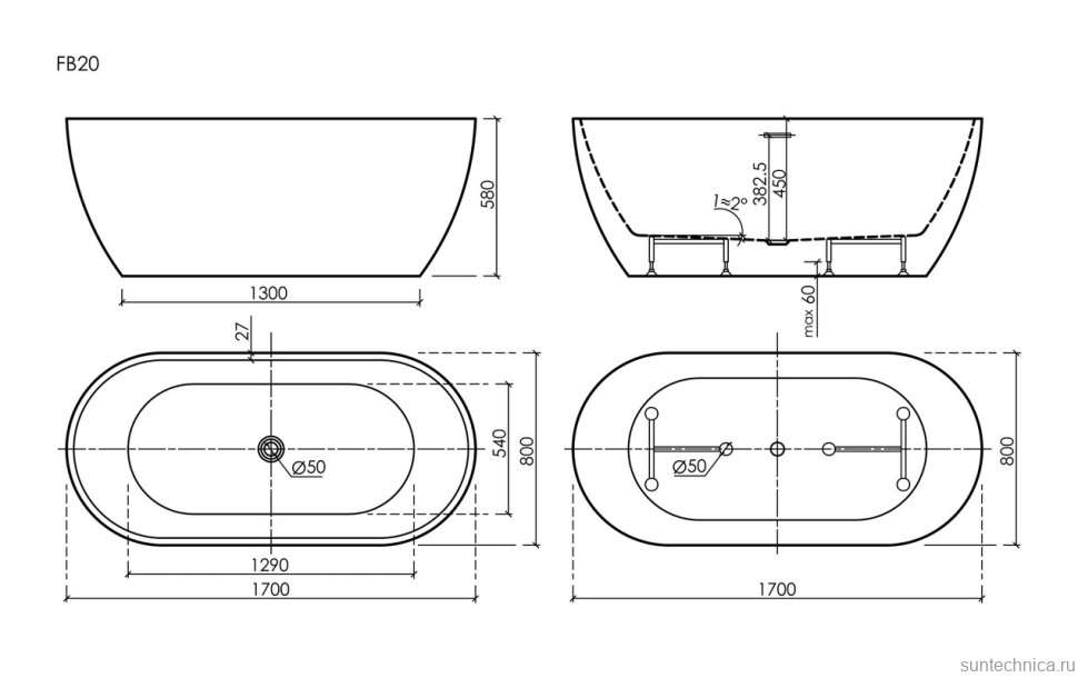 Акриловая ванна Leaf 1700x800x580, отдельностоящая, FB20