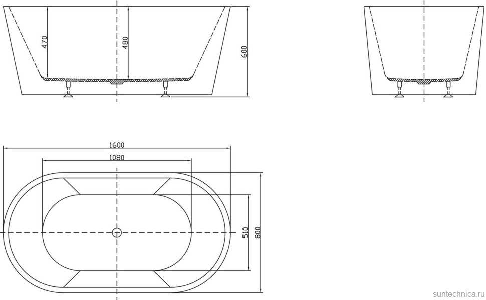 Акриловая ванна BelBagno BB202-1600-800 160x80 см, отдельностоящая, белая, овальная, на ножках, со сливом-переливом