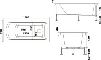 Акриловая ванна Bas Аякс 150x70 см, пристенная, белая, с каркасом