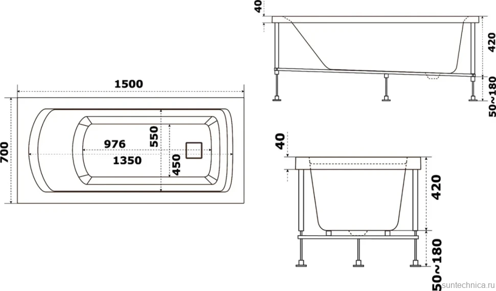 Акриловая ванна Bas Аякс 150x70 см, пристенная, белая, с каркасом