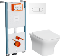 Комплект Унитаз подвесной VitrA Zentrum Square 7484B003-0075 безободковый + Крышка Integra Square 191-003-009 с микролифтом + Инсталляция V-Fix Core 732-5800-01PV + Кнопка Root Round 740-2200 белая глянцевая