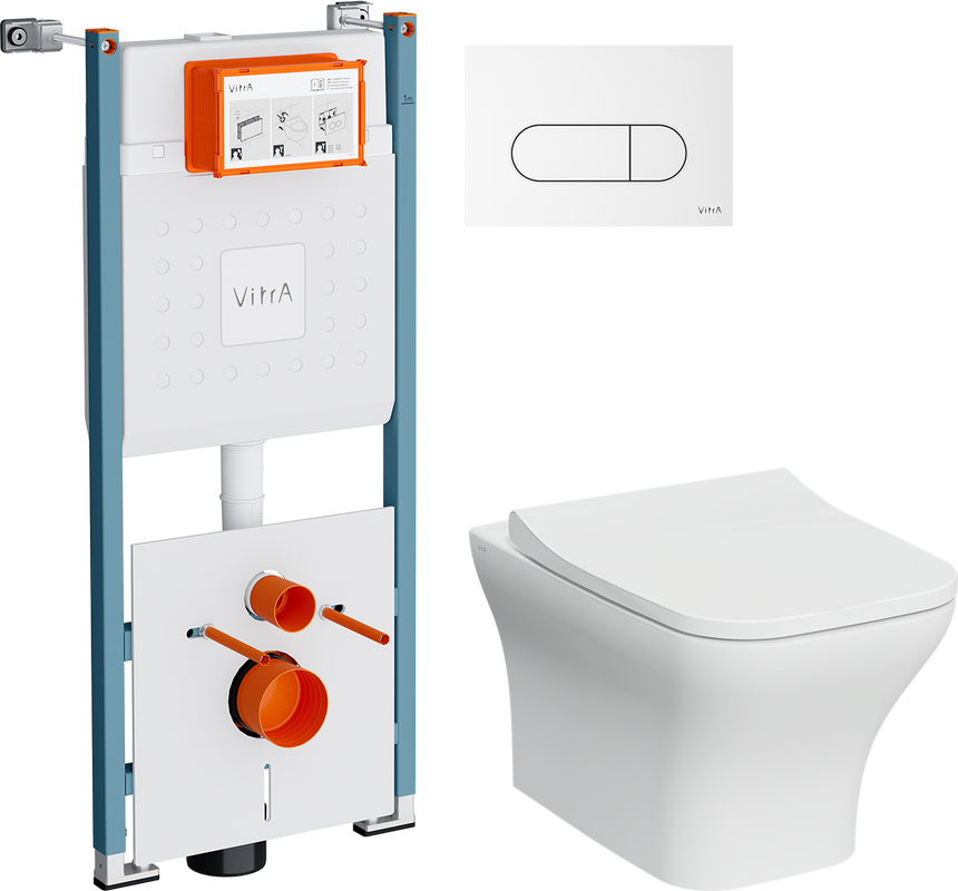 Комплект Унитаз подвесной VitrA Zentrum Square 7484B003-0075 безободковый + Крышка Integra Square 191-003-009 с микролифтом + Инсталляция V-Fix Core 732-5800-01PV + Кнопка Root Round 740-2200 белая глянцевая