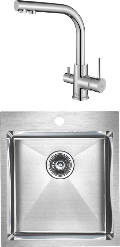Комплект Мойка Paulmark Kroner PM214551-BS брашированная нержавеющая сталь + Смеситель Essen 213011-СR хром