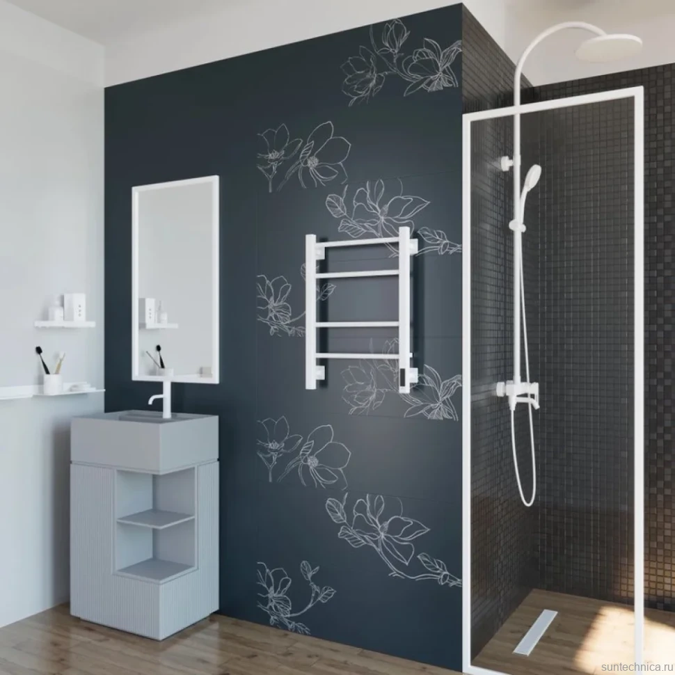 Полотенцесушитель электрический Grota Costa 430х600 RAL9016 EL 60x45 см, подключение справа, слева, скрытое подключение справа, матовый белый, лесенка, из стали