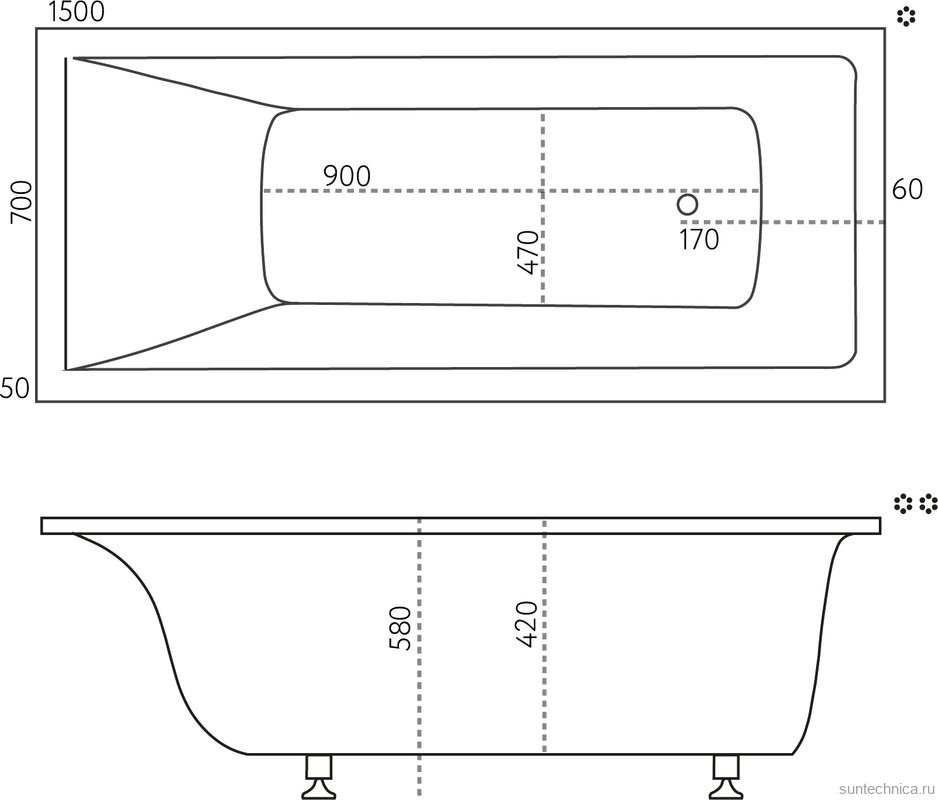 Ванна из искусственного камня Marmo Bagno Алесса 150x70 см, встраиваемая, белая, на ножках