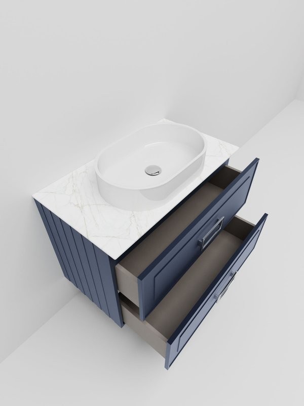 Тумба под раковину со столешницей La Fenice Cubo Twin Blu Grigi 80 подвесная, синяя матовая, столешница белый мрамор, ручка черная