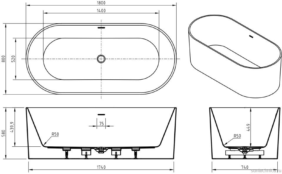 Акриловая ванна BelBagno BB705-1800-800 180x80 см, отдельностоящая, белая, овальная, на ножках, со сливом-переливом, с донным клапаном