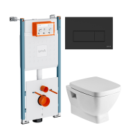 Комплект Унитаз подвесной Santek Нео 1WH302423 с микролифтом + Инсталляция VitrA V-Fix Core 732-5800-01PV + Кнопка Root Square 740-2311 черная матовая