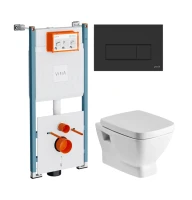 Комплект Унитаз подвесной Santek Нео 1WH302423 с микролифтом + Инсталляция VitrA V-Fix Core 732-5800-01PV + Кнопка Root Square 740-2311 черная матовая