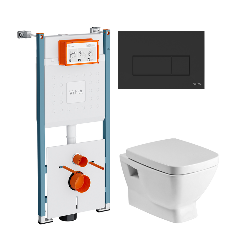 Комплект Унитаз подвесной Santek Нео 1WH302423 с микролифтом + Инсталляция VitrA V-Fix Core 732-5800-01PV + Кнопка Root Square 740-2311 черная матовая
