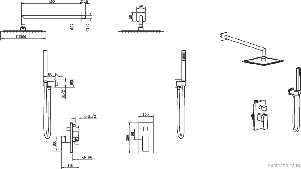 Душевой комплект Boheme Qubic 474-3-CB С ВНУТРЕННЕЙ ЧАСТЬЮ, copper brushed