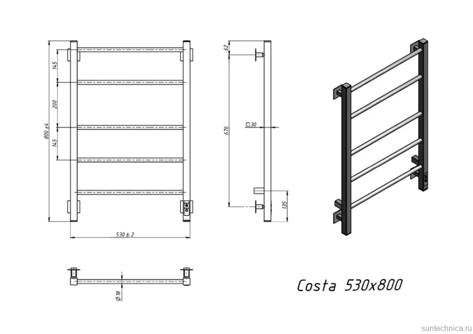 Полотенцесушитель электрический Grota Costa 530х800 NP EL 80x55 см, подключение справа, слева, скрытое подключение справа, глянцевый хром, лесенка