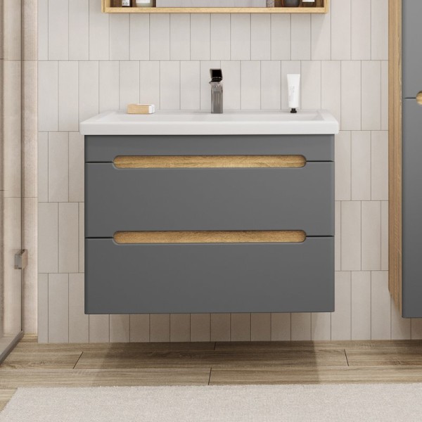 Тумба с раковиной SanStar Diva 70 подвесная, графит софт, дуб вотан, раковина Фостер 70