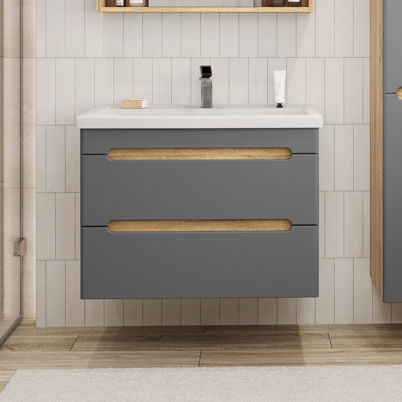 Тумба с раковиной SanStar Diva 70 подвесная, графит софт, дуб вотан, раковина Фостер 70