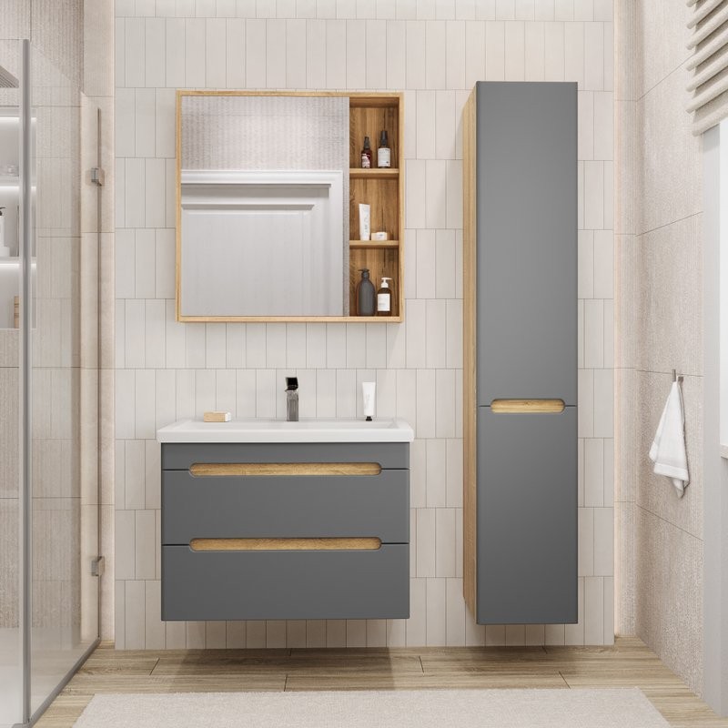 Тумба с раковиной SanStar Diva 70 подвесная, графит софт, дуб вотан, раковина Фостер 70