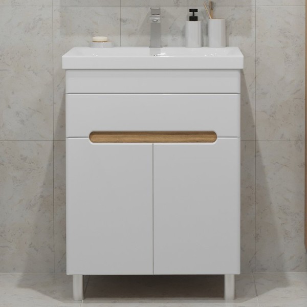 Тумба с раковиной SanStar Модена 50 напольная, глянцевая белая, дуб вотан, раковина Moduo 50