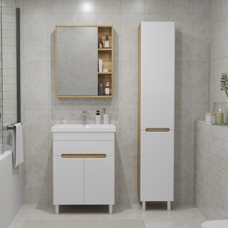 Тумба с раковиной SanStar Модена 50 напольная, глянцевая белая, дуб вотан, раковина Moduo 50