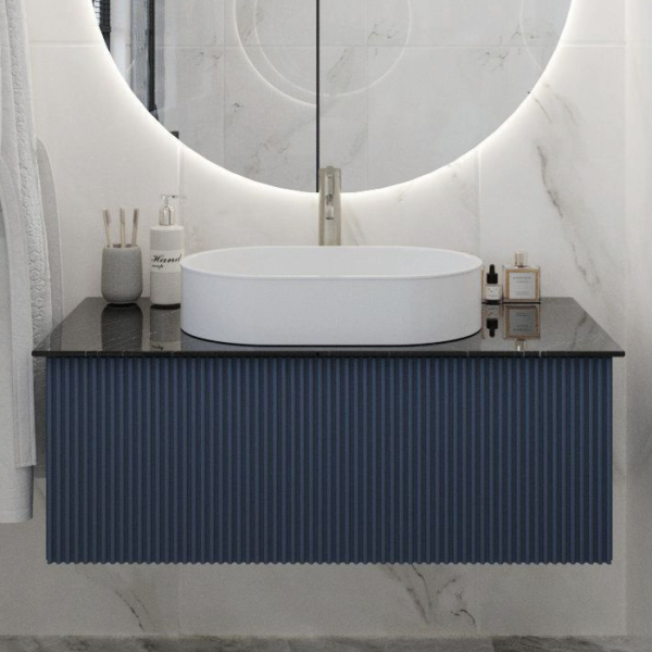 Тумба под раковину со столешницей La Fenice Terra 100 подвесная, синяя, столешница черный мрамор