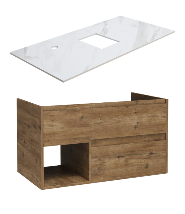 Тумба под раковину со столешницей STWORKI Карлстад 90 дуб рустикальный, монте тиберио, с отверстием для смесителя