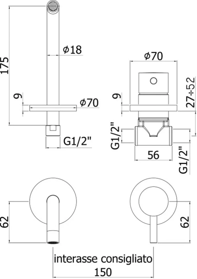 Смеситель для раковины Paffoni Light LIG006NO70 с ВНУТРЕННЕЙ ЧАСТЬЮ черный