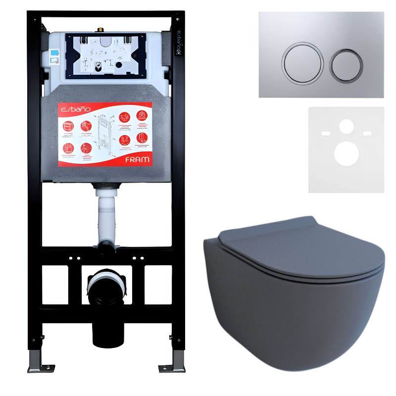 Комплект Унитаз подвесной Esbano Garcia ESUPGARCGM матовый серый + Инсталляция Fram + Кнопка ESINKRG11MC