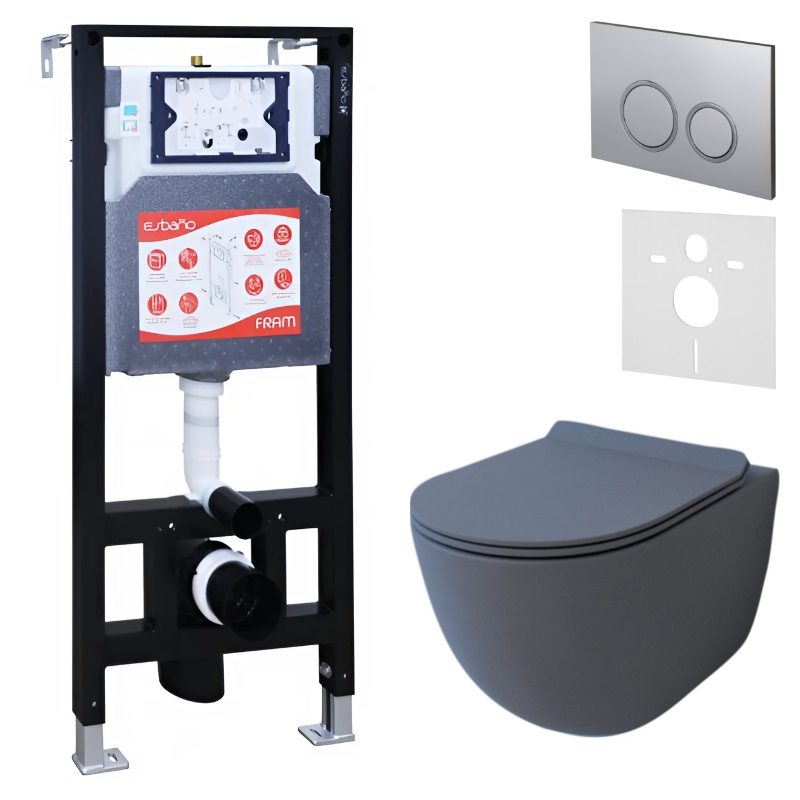 Комплект Унитаз подвесной Esbano Garcia ESUPGARCGM матовый серый + Инсталляция Fram + Кнопка ESINKRG11MC